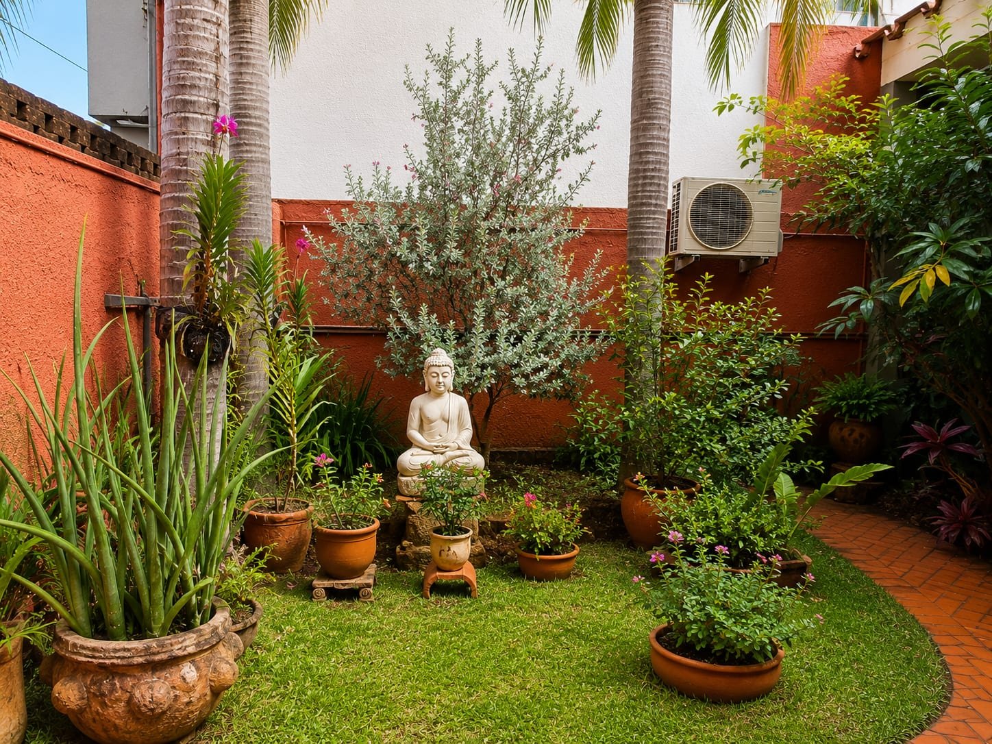 Jardim zen da Clínica Solares com estátua de Buda